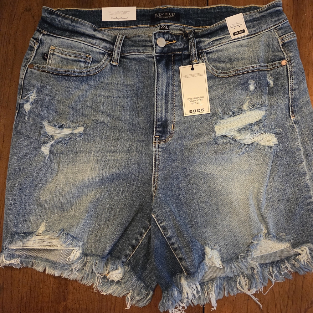 Judy Blue Distressed Blue Jean Shorts with Frayed Hem
